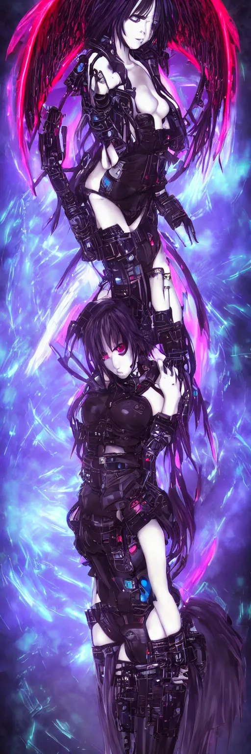 Image similar to anime cyberpunk dark fantasy gothic art, cute and beautiful full body female damaged cyborg - angel in the style of stand alone complex, akira, durararara, red blue purple black fade, intense watery glowing red and blue eyes, cinematic lighting, highly intricate detailed, wavy hair, advanced digital anime art, wlop and rossdraws and sakimimichan