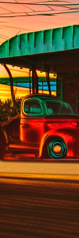 Image similar to a sunset light landscape with historical route 6 6, lots of sparkling details and sun ray ’ s, blinding backlight, smoke, volumetric lighting, colorful, octane, 3 5 mm, abandoned gas station, old rusty pickup - truck, beautiful epic colored reflections, very colorful heavenly, softlight