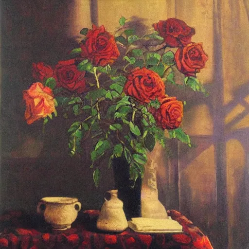 Prompt: a vase of black roses on a table with an ornate patterned tablecloth, beautiful painting by lucien levy - dhurmer, moody lighting