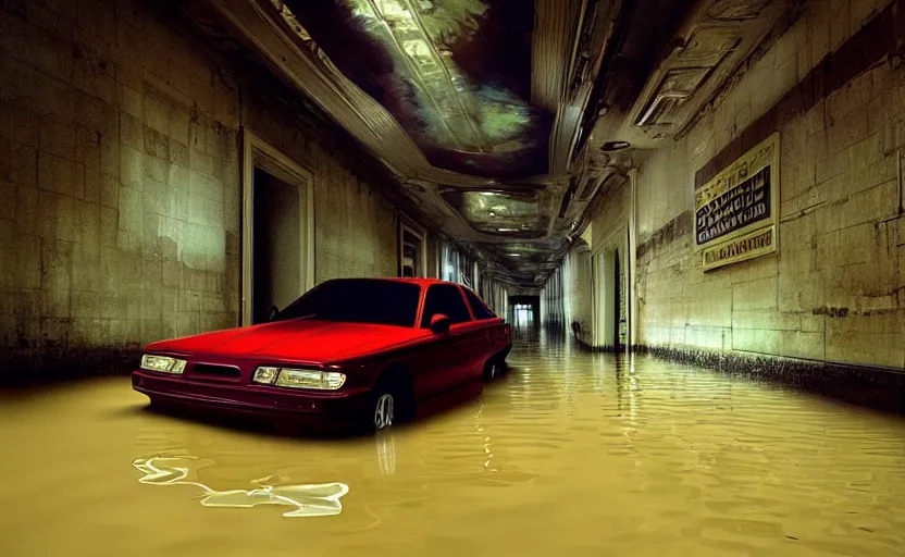 Prompt: car from cars in a flooded fractal hallway, romance novel cover, in 1 9 9 5, y 2 k cybercore, low - light photography, still from a ridley scott pixar movie