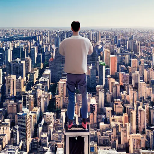 Image similar to a person standing on top of a tall building, a stock photo by Thomas Struth, shutterstock contest winner, superflat, national geographic photo, hyper realism, behance hd -1024