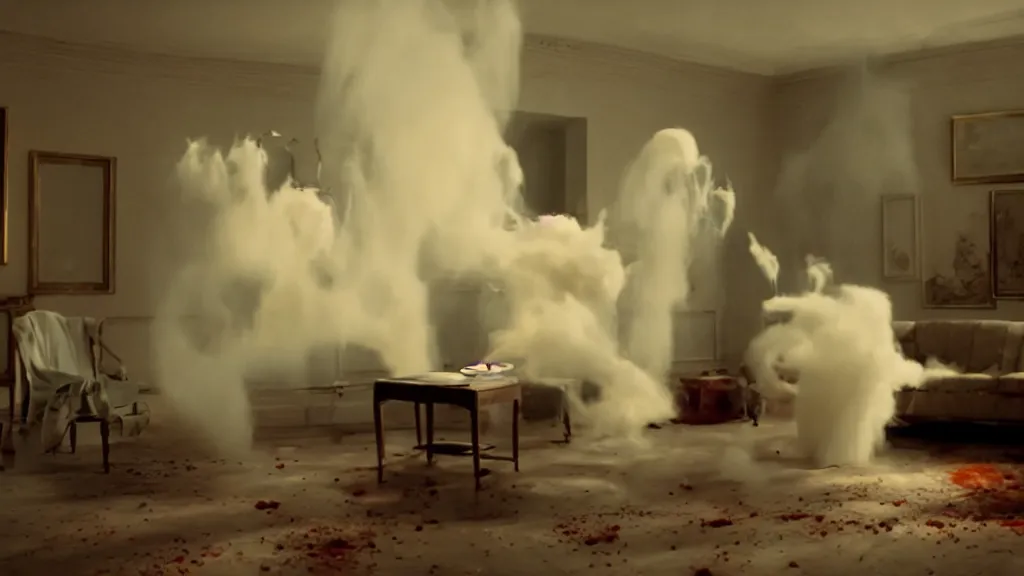 Image similar to colored powder explosion in the living room, film still from the movie directed by Denis Villeneuve with art direction by Salvador Dalí, wide lens