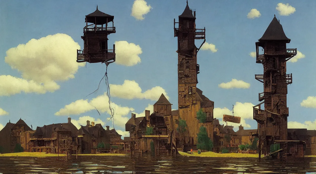 Image similar to single flooded simple victorian wooden tower, very coherent and colorful high contrast!! masterpiece by rene magritte simon stalenhag carl spitzweg syd mead norman rockwell edward hopper james gilleard, minimalist, dark shadows, sunny day, hard lighting