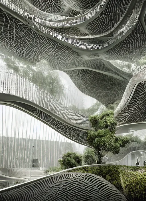 Image similar to a photo of a futuristic biomimicry oasis interior + the interior is elegant and made of a biomimicry nature with ornate patterns + photo taken on a misty morning + architectural photography, 8K, photorealistic