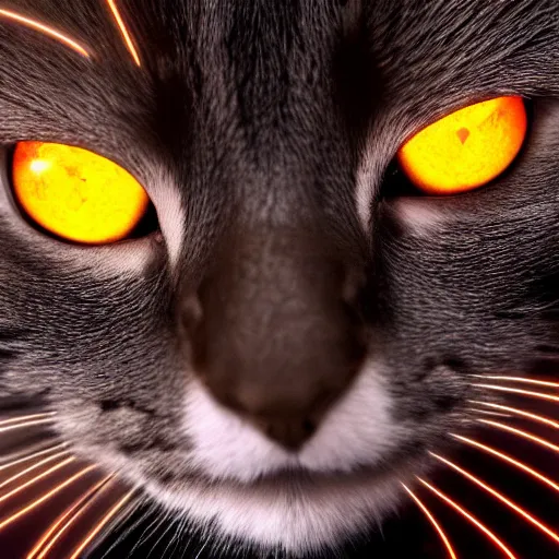 Prompt: a cat, glowing inferno eyes,black background, hyper realistic