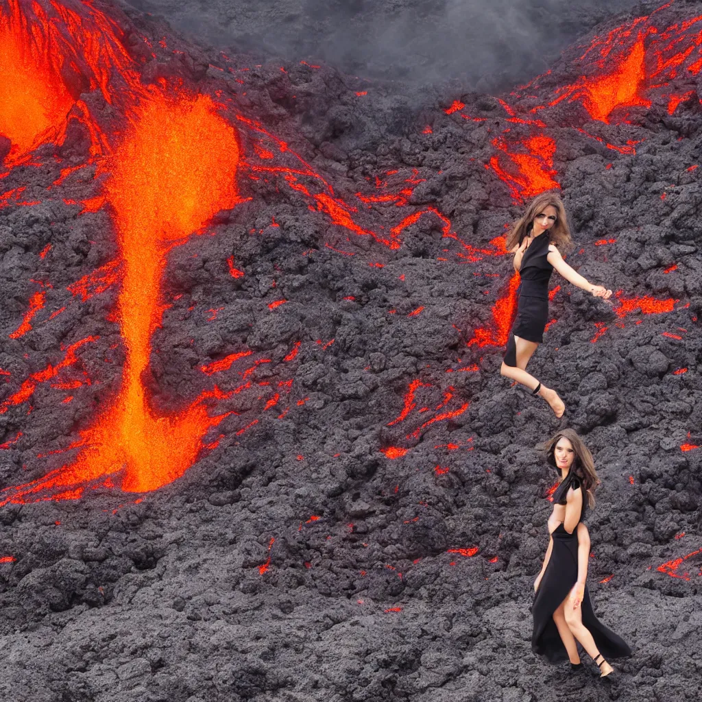 Prompt: fashion portrait in erupting volcano lava. wide angle shot. highly detailed.