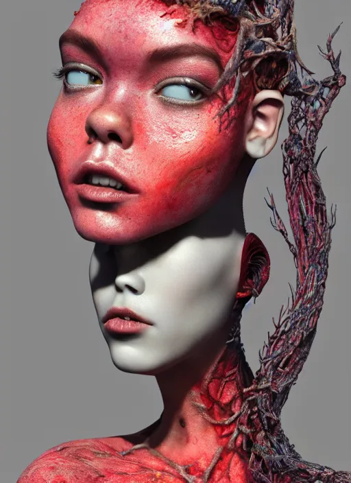 Image similar to hyper detailed 3d render like a Oil painting - very coherent Concrete displacement mapped profile subsurface scattering (a beautiful fae princess protective playful expressive from dark crystal that looks like Anya Taylor-Joy) seen red carpet photoshoot in UVIVF posing in scaly dress to Eat of the Strangling network of yellowcake aerochrome and milky Fruit and His delicate Hands hold of gossamer polyp blossoms bring iridescent fungal flowers whose spores black the foolish stars by Jacek Yerka, Ilya Kuvshinov, Mariusz Lewandowski, Houdini algorithmic generative render, golen ratio, Abstract brush strokes, Masterpiece, Victor Nizovtsev and James Gilleard, Zdzislaw Beksinski, Tom Whalen, Mark Ryden, Wolfgang Lettl, hints of Yayoi Kasuma and Dr. Seuss, Grant Wood, octane render, 8k