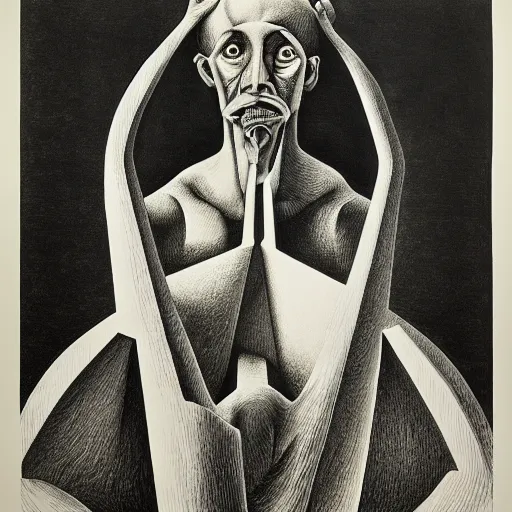 Image similar to lithography on paper conceptual figurative ( post - morden ) monumental dynamic portrait drawn by escher and hogarth and francis bacon, inspired by goya, illusion surreal art, highly conceptual figurative art, intricate detailed illustration, controversial poster art, polish poster art, geometrical drawings, no blur