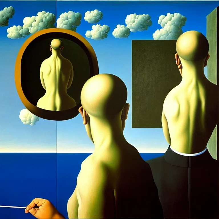 Prompt: a man looks into his own painting and sees nothing, by rene magritte and salvador dali, surreal, oil on canvas, hyper detailed