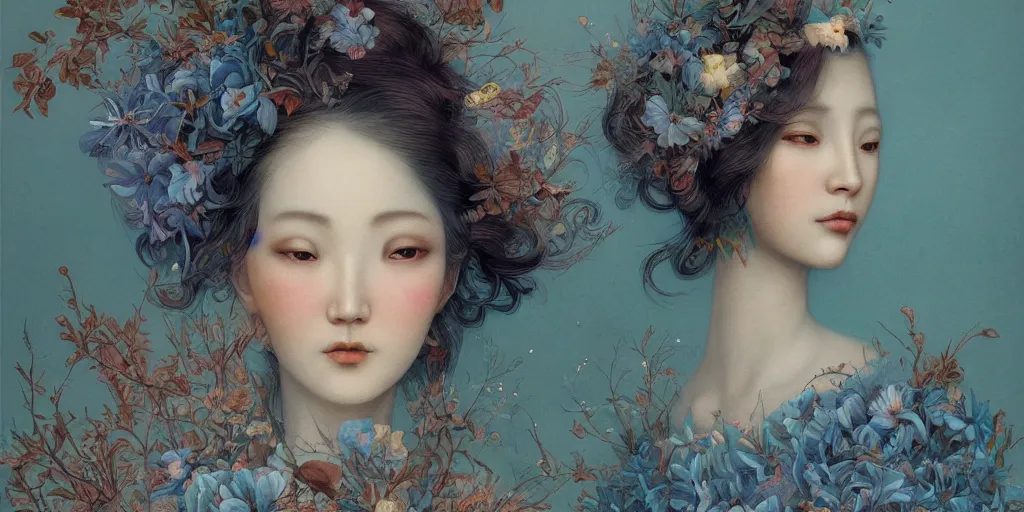 Prompt: breathtaking detailed concept art painting blend of two goddess of light blue flowers by hsiao - ron cheng with anxious piercing eyes, vintage illustration pattern with bizarre compositions blend of autumn leaves and fruits and birds by beto val and john james audubon, exquisite detail, extremely moody lighting, 8 k