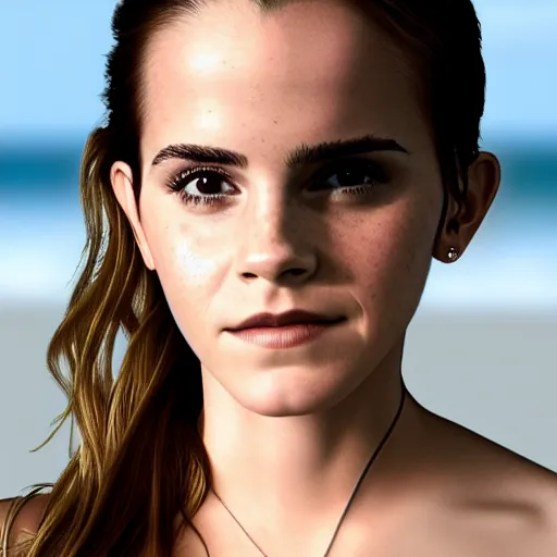 Image similar to emma watson at the beach, detailed photograph, HD, 4k, 8k, very beautiful scene, award winning, 80mm, wide shot, high res