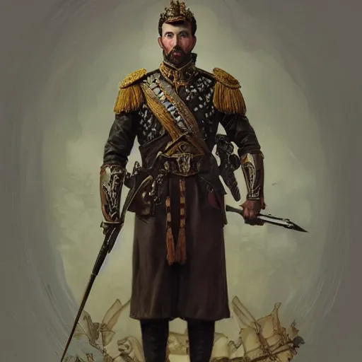 Image similar to portrait of stoic king john oliver, full body, military uniform, muscular, fantasy, intricate, elegant, beautiful, highly detailed, centered, dark, smokey, digital painting, artstation, concept art, smooth, sharp focus, illustration, art by artgerm and greg rutkowski and alphonse mucha