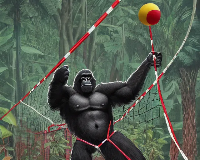 Prompt: a gorilla holding a volleyball and playing volleyball in a jungle, volleyball net, digital illustration, in the style of greg rutkowski, high detail