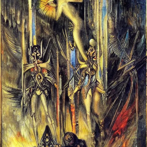 Image similar to by gustave moreau, by wifredo lam unnerving, comforting. a beautiful illustration of a space battle with wild, bright colors.