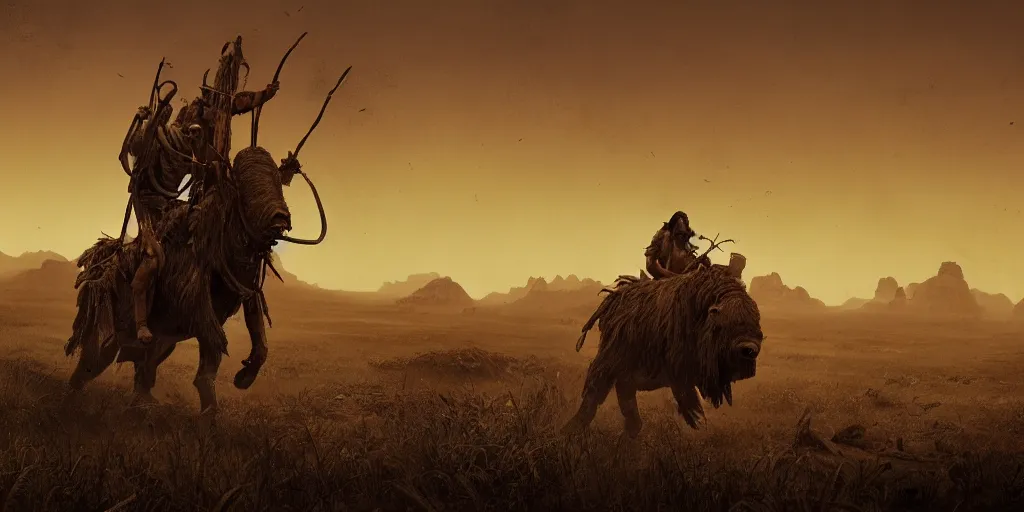 Image similar to an ancient tribesman on ancient motorcycles with perfect wheels, hunting buffalo ,chase, action scene, an epic fantasy, dramatic lighting, cinematic, establishing shot, extremely high detail, photorealistic, cinematic lighting, artstation, octane render, by simon stalenhag, horizon forbidden west,old photo, vintage