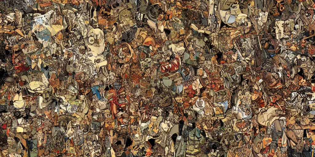 Prompt: escher style pattern of three point perspective, 3 6 0 panorama colorful kim jung gi characters with the texture of old rust and trash