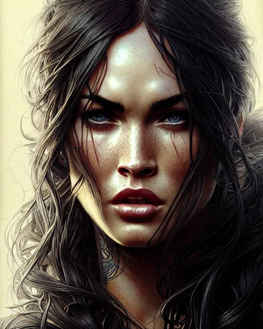 Image similar to megan fox, character portrait, portrait, close up, concept art, intricate details, highly detailed by greg rutkowski, michael whelan and gustave dore