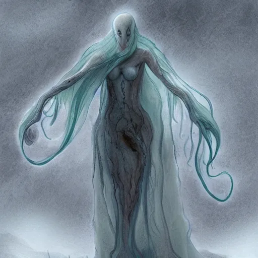 Image similar to concept designs for an ethereal ghostly wraith like figure with a squid like parasite latched onto its head and long tentacle arms that flow lazily but gracefully at its sides like a cloak while it floats around a frozen rocky tundra in the snow searching for lost souls and that hides amongst the shadows in the trees, this character has hydrokinesis and electrokinesis for the resident evil village video game franchise with inspiration from the franchise Bloodborne