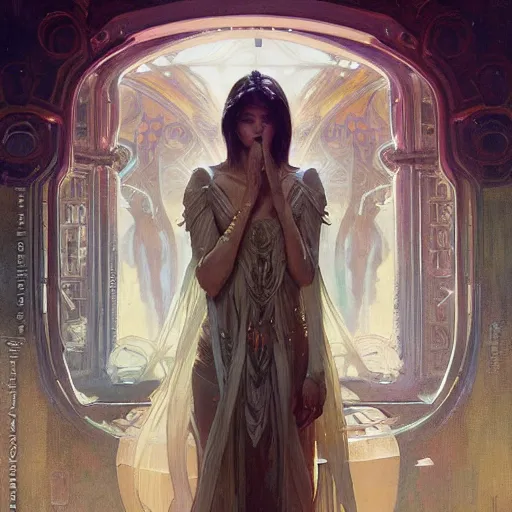 Image similar to an oil painting of a beautiful alien priestess by Greg Rutkowski, Alphonse Mucha and WLOP. Epic fantasy art. Intricate details. Sharp features.