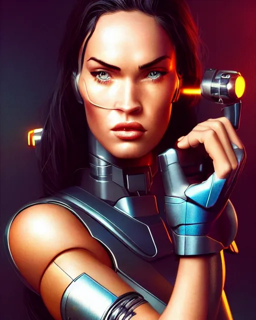 Image similar to weta disney pixar movie still portrait photo of megan fox as cyborg woman by pixar, by weta, wlop, ilya kuvshinov, rossdraws, artgerm, maxim cover, latex, sweaty, iridescent, bright morning, anime, liosh, mucha