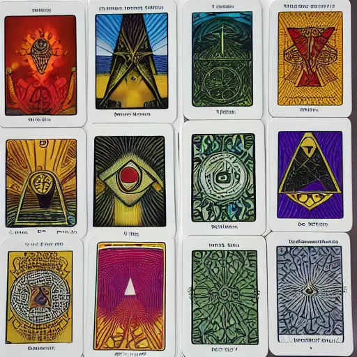 Image similar to full set of illuminati cards, tarot card design, product shot