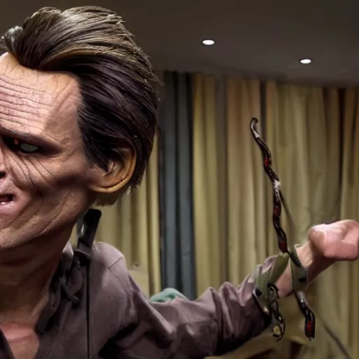 Prompt: animatronic Jim Carrey, exposed mechanics, test photo, Stan Winston studios, detailed, 4k