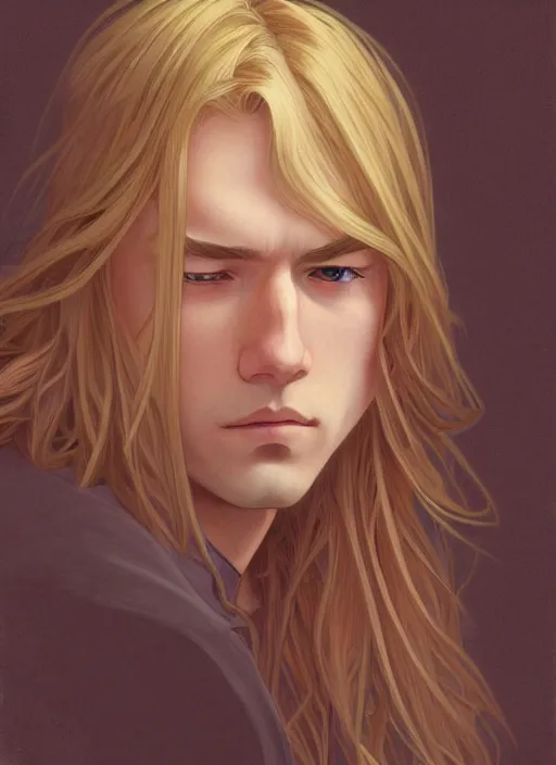 Image similar to pretty young man with shoulder length shiny shimmering golden blond hair, head down, shy, sad, scared, path traced, highly detailed, high quality, digital painting, by studio ghibli and alphonse mucha, leesha hannigan, disney