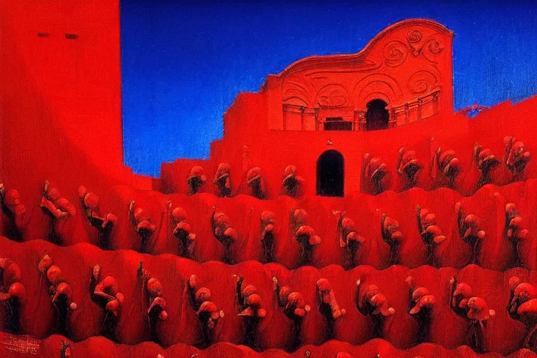 Image similar to only with red, a red great emperor, taormina amphitheatre, expressive crowd with big smile, in the style of beksinski, parts by edward hopper, parts by rodcenko, parts by yue minjun, intricate and epic composition, red by caravaggio, insanely quality, highly detailed, masterpiece, red light, artstation, 4 k