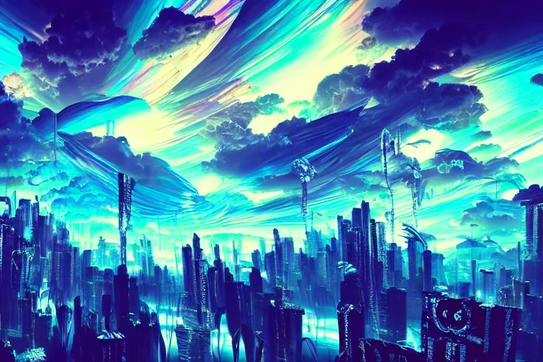 Image similar to simplicity, a huge flock of many ornate iridescent puffy filigreed clouds tangled into large whirling ultra detailed crystal specimens, cyberpunk environment, playful, award winning art, epic dreamlike fantasy landscape, ultra realistic,