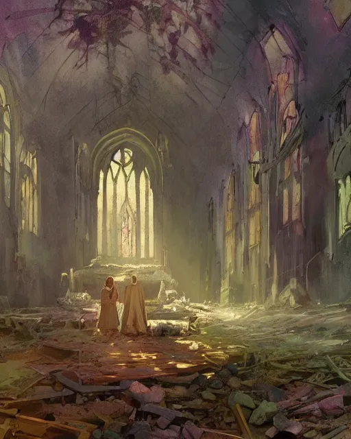 Prompt: a highly detailed epic cinematic concept art CG render digital painting artwork: old dead couple at a decayed church altar surrounded by dark figures. triadic color scheme, By Greg Rutkowski, in the style of Francis Bacon and Syd Mead and Edward Hopper and Norman Rockwell and Beksinski, open ceiling, highly detailed, painted by Francis Bacon, painted by James Gilleard, surrealism, airbrush, Ilya Kuvshinov, WLOP, Stanley Artgerm, very coherent, art by Takato Yamamoto and James Jean