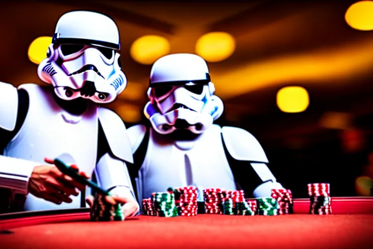 Prompt: a photo of two stormtroopers playing craps in las vegas, bokeh, blurred background, colorful lights