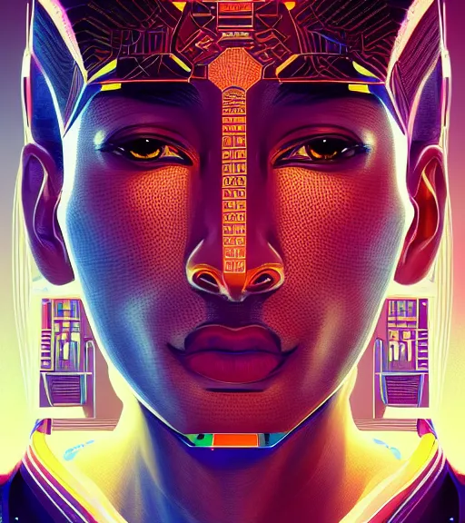 Image similar to symmetry!! egyptian prince of technology, solid cube of light, hard edges, product render retro - futuristic poster scifi, lasers and neon circuits, brown skin man egyptian prince, intricate, elegant, highly detailed, digital painting, artstation, concept art, smooth, sharp focus, illustration, dreamlike, art by artgerm