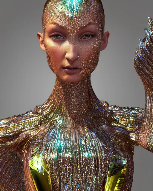 Prompt: a highly detailed metahuman 4 k close up render of an alien goddess nymph bella hadid in iris van herpen dress schiaparelli in diamonds crystals swarovski and jewelry iridescent in style of alphonse mucha gustav klimt trending on artstation made in unreal engine 4