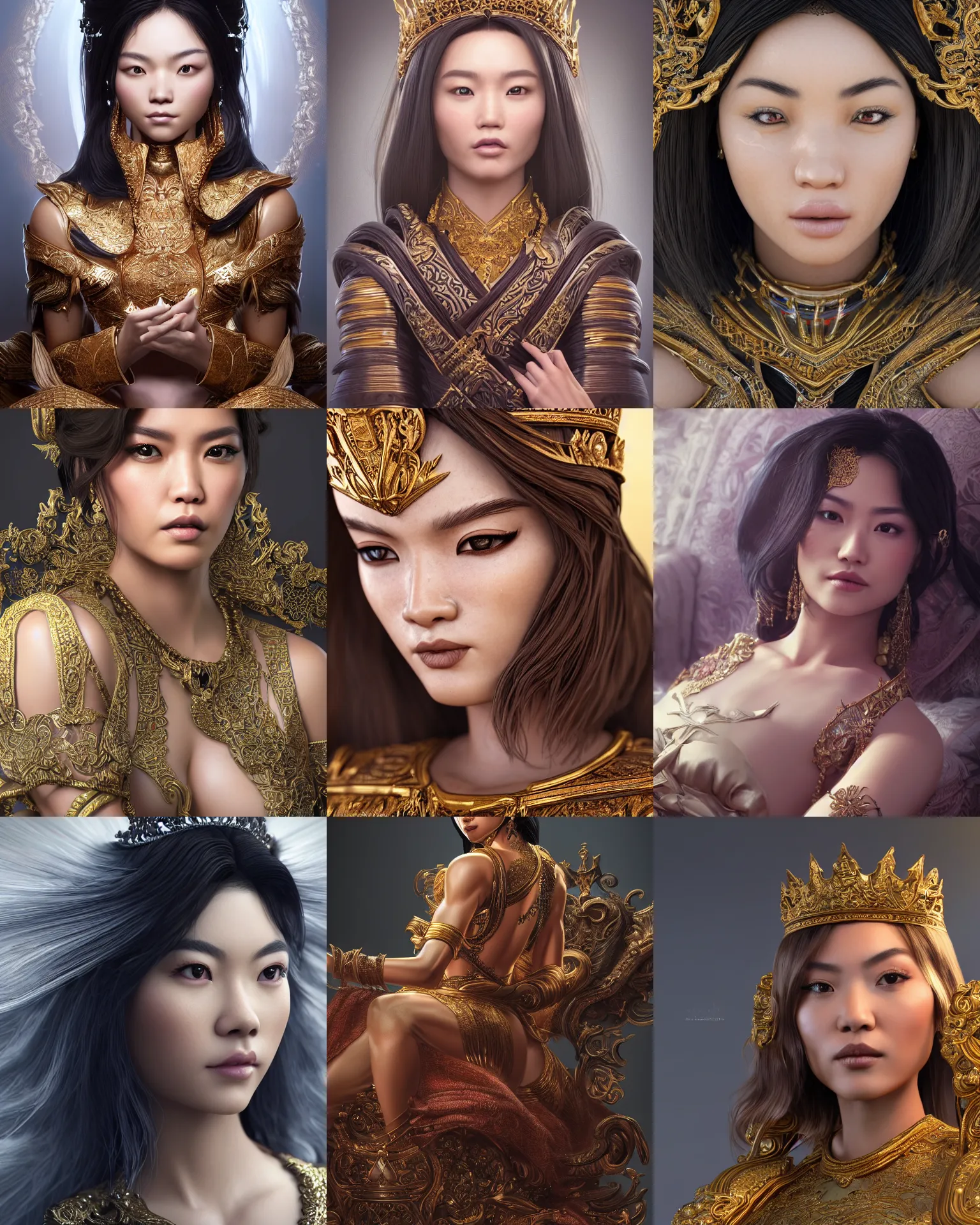 Prompt: closeup portrait of a fierce beautiful young asian queen with medium length hair, sitting on her throne, highly detailed, intricate, elegant, hyperrealism, digital art by ross tran and artgerm and greg rutkwowski and wlop, octane render, 8 k, unreal engine