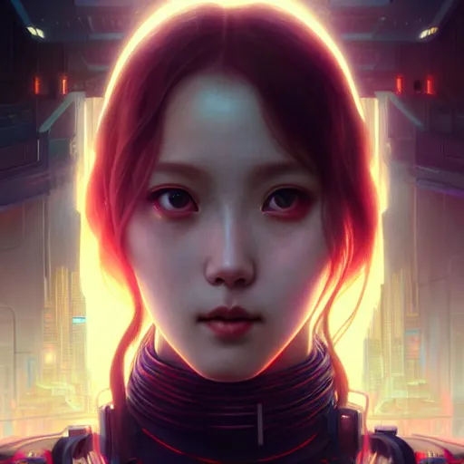 Image similar to painting of cyberpunk chuu loona kpop smiling cheerfully, ultra realistic, concept art, intricate details, eerie, highly detailed, photorealistic, octane render, 8 k, unreal engine. art by artgerm and greg rutkowski and magali villeneuve and alphonse mucha