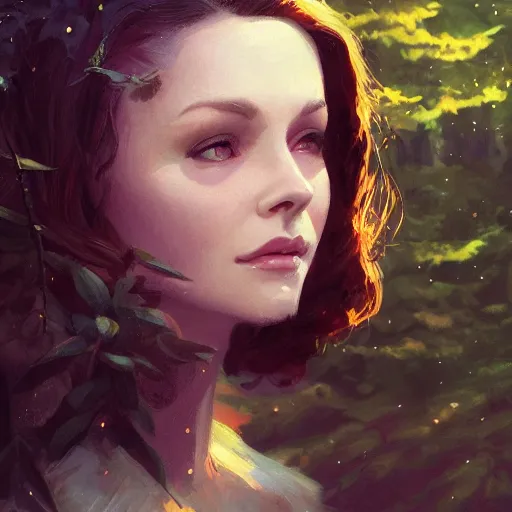 Prompt: closeup portrait of a young vivian leigh with elf ears, forest background, megacity, high fantasy, dramatic light, gorgeous view, depth, high detail, digital art, painted by greg rutkowski, trending on artstation