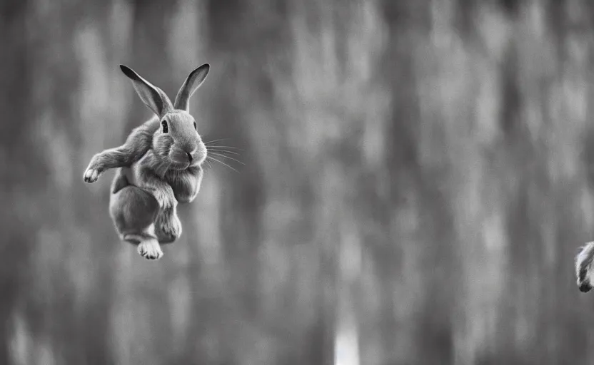 Prompt: rabbit jumping, in motion, blur, action, house in the wood, lomography photo, unfocus, monochrome, 35mm, noise effects filter