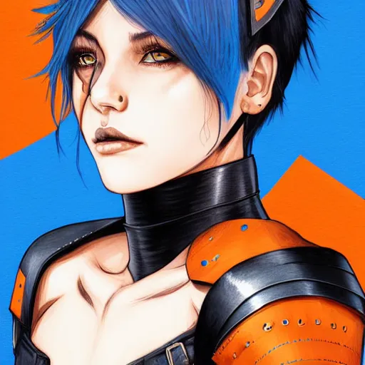 Prompt: illustrated realistic tilted head portrait human female prong-horned with blue bob hair and solid black-eyes wearing strap leather armor, orange glow, backlit by rossdraws