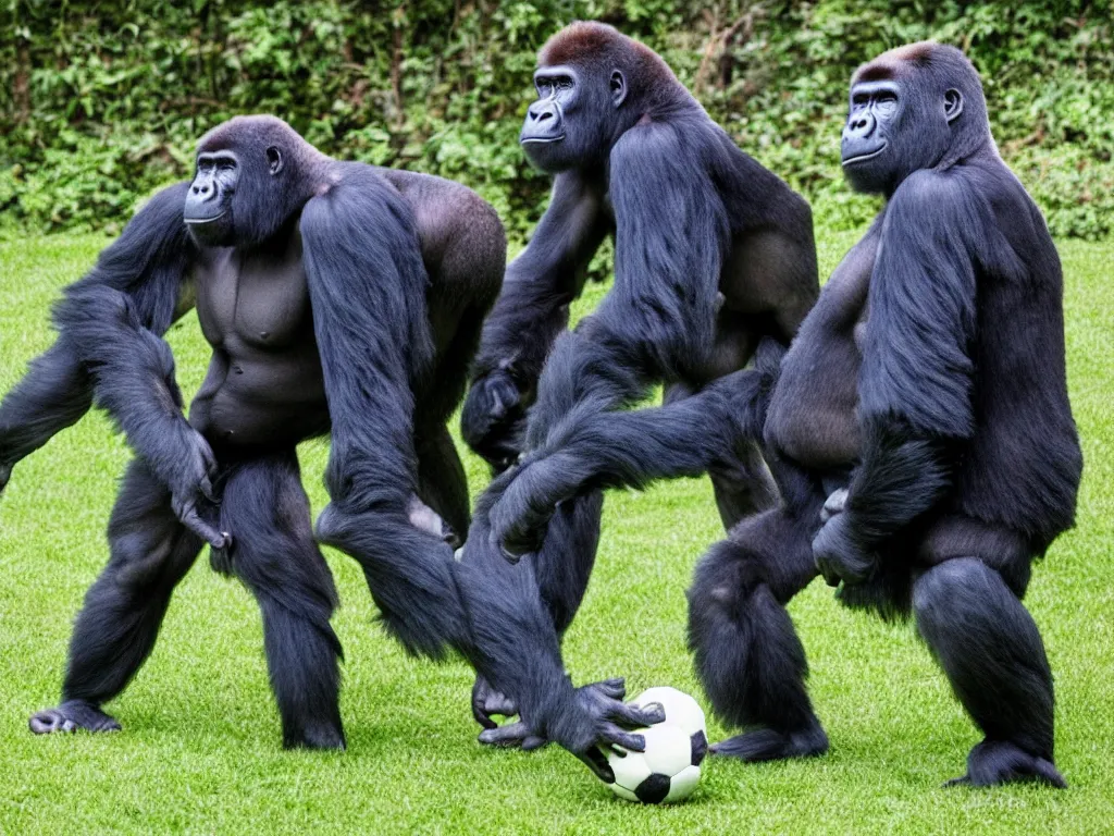 Image similar to gorilla playin soccer, vivid