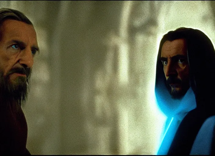 Image similar to screenshot of the force ghost glowing blue spirit of qui gon jinn speaking to Luke skywalker, in a hazy lit ancient Jedi cathedral, screenshot from the 1970s star wars thriller directed by stanley kubrick, Photographed with Leica Summilux-M 24 mm lens, ISO 100, f/8, Portra 400, kodak film, anamorphic lenses