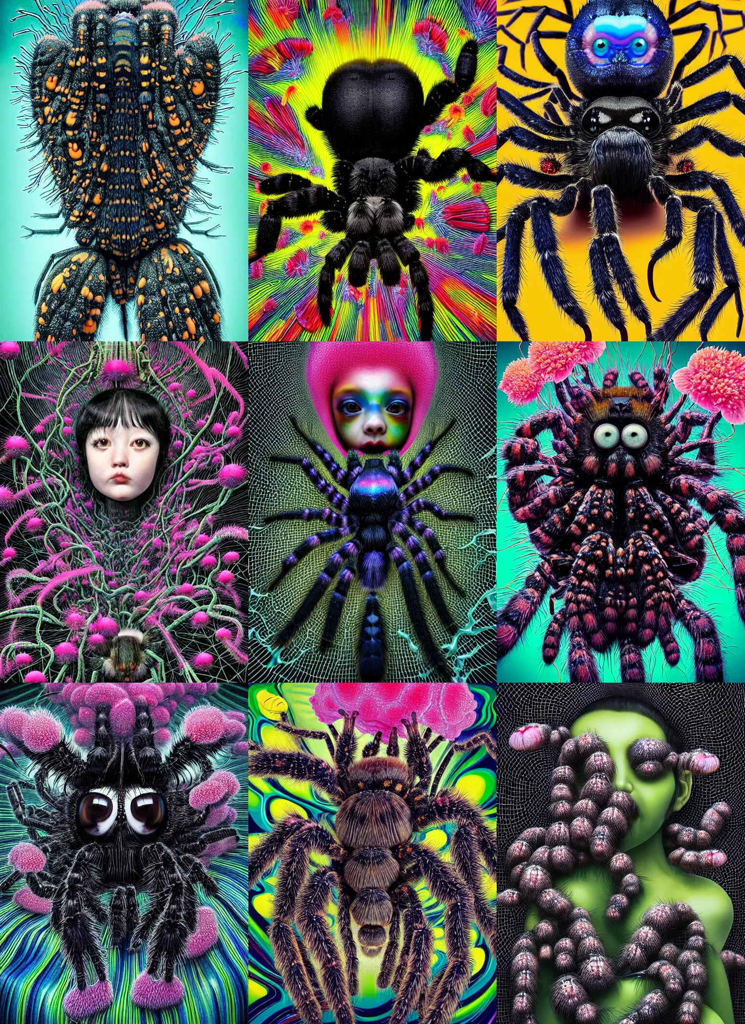 Prompt: hyper detailed 3d render like a Oil painting - kawaii portrait Aurora (a black haired tarantula headed torso from the future) seen Eating of the Strangling network of (charcoal and Roy Lichtenstein) and milky Fruit and Her delicate pedipalps hold of gossamer polyp blossoms bring iridescent fungal flowers whose spores black the foolish stars by Jacek Yerka, Ilya Kuvshinov, Glenn Barr, Mariusz Lewandowski, Houdini algorithmic generative render, Abstract brush strokes, Masterpiece, Edward Hopper and James Gilleard, Jeff Koons, Zdzislaw Beksinski, Mark Ryden, Wolfgang Lettl, hints of Yayoi Kasuma, octane render, 8k