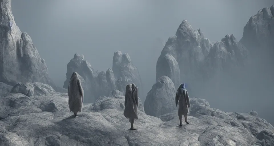 Prompt: a photo of humanoid aliens! wearing robes on a foggy mountain, octane render, unreal engine