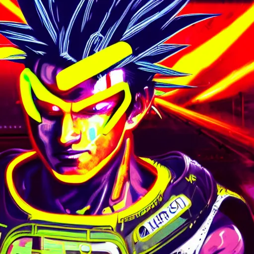 Prompt: a portrait of a neon cyberpunk goku in a racing helment by sandra chevrier, detailed render, epic composition, cybernetics, 4 k realistic, cryengine, realistic shaded lighting, sharp focus, masterpiece, by matteo scalera, gary montalbano, peter elson in the style of the tokyo ghost comic