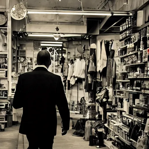 Image similar to a man wearing a black suit walking around in his shop by reg rutkowski