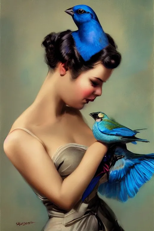 Image similar to pinup girl holding an indigo bunting, bird, the bird is wearing a bowtie by greg rutkowski, rossdraws, gil elvgren, enoch bolles, anime, porcelain skin, glistening, very coherent, ruffled plumage, hyper realistic painting, fashion lighting