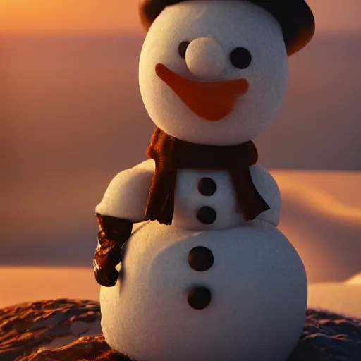 Prompt: a highly detailed snowman with a smile, artstation, DeviantArt, professional, octane render, sunset lighting