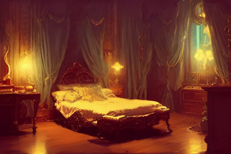 Prompt: an ornate victorian bedroom at night. 1 8 9 0, key visual, conceptart, ambient lighting, highly detailed, digital painting, artstation, concept art, sharp focus, by makoto shinkai and akihiko yoshida and greg manchess