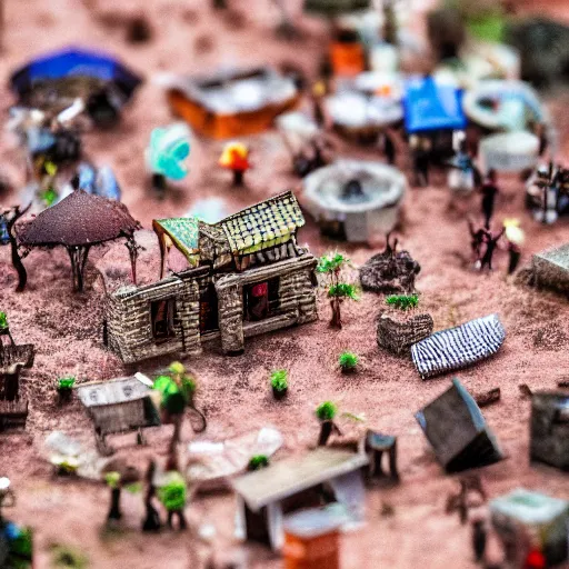 Image similar to macro photo of a miniature secret hidden world with tiny buildings and people invaded by giant ants