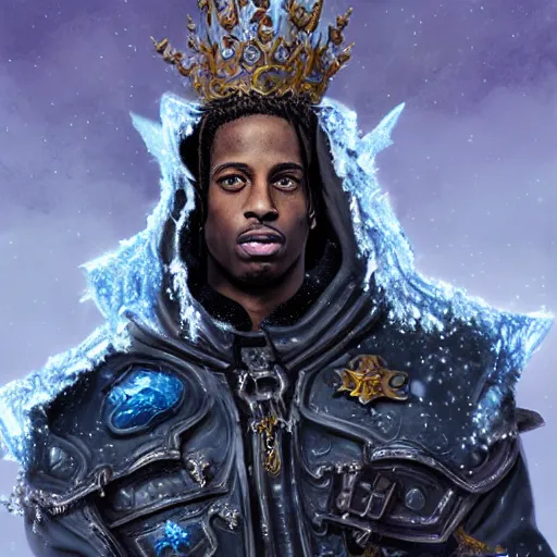 Prompt: a matte full likeness painting of travis scott as the lich king wearing a crown made of ice, icey, world of warcraft, digital art, fantasy, realistic lighting, in the style of greg rutkowski