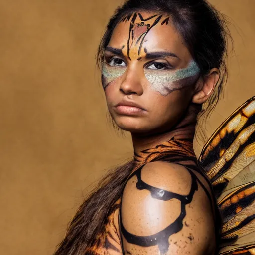 Image similar to a majestic brown warrior woman wearing a dragonfly armor. woman is face to face with a tiger. studio portrait. photorealistic.